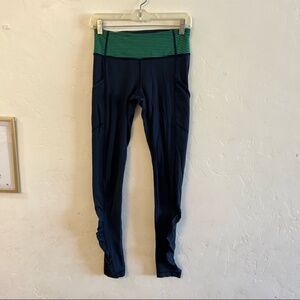 Lululemon Navy Blue & Green Ruched Full Length Leggings 2